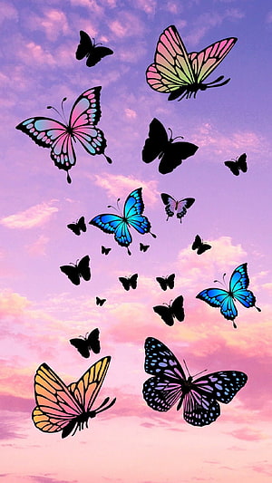 Colorful Butterflies Flying Against a Pink and Purple Sunset Sky HD phone wallpaper