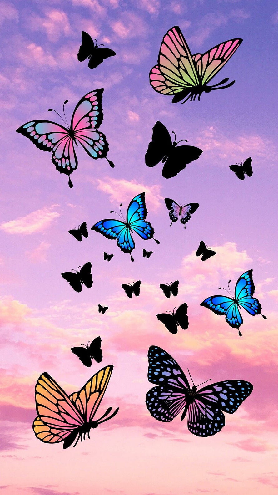 Colorful Butterflies Flying Against a Pink and Purple Sunset Sky HD phone wallpaper