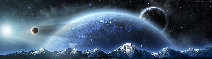 Sci-fi landscape with snow-capped mountains and a massive blue planet in the starry sky HD wallpaper