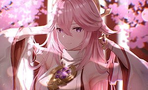Yae Miko from Genshin Impact in a serene cherry blossom setting with soft pink lighting HD wallpaper