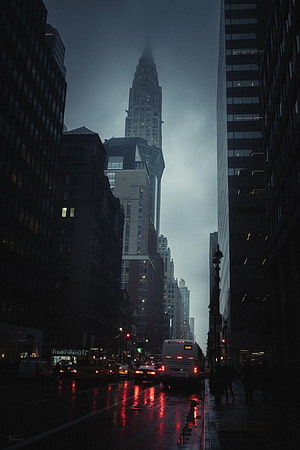 Chrysler Building in New York City on a Rainy Evening with Wet Street Reflections HD phone wallpaper
