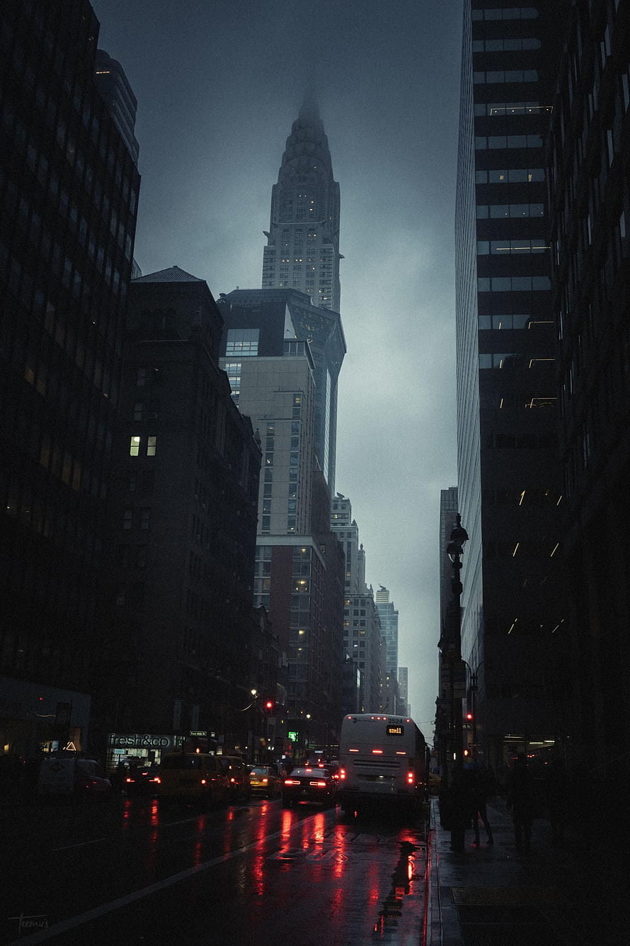 Chrysler Building in New York City on a Rainy Evening with Wet Street Reflections HD phone wallpaper