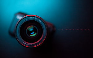 Canon EF Lens Close-Up with Red Ring and Ultrasonic Marking on Dark Background HD wallpaper