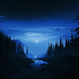 Serene Night Forest Landscape With Moonlit River And Distant Mountains HD phone wallpaper