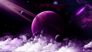 Violet Gas Giant with Ring System and Moons Above a Cloud Sea in Deep Space HD wallpaper
