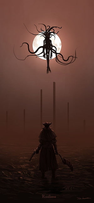 Bloodborne Hunter Facing the Moon and a Tentacled Entity in a Dark Misty Landscape HD phone wallpaper