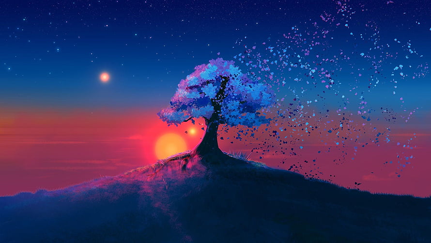 Lone Tree on Hilltop Under Neon Sunset Sky with Drifting Particles HD wallpaper