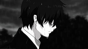 Black and White Anime Character in Rain with Dark Hair and School Uniform HD wallpaper