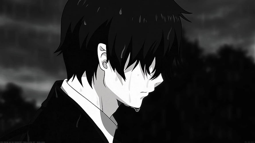 Black and White Anime Character in Rain with Dark Hair and School Uniform HD wallpaper