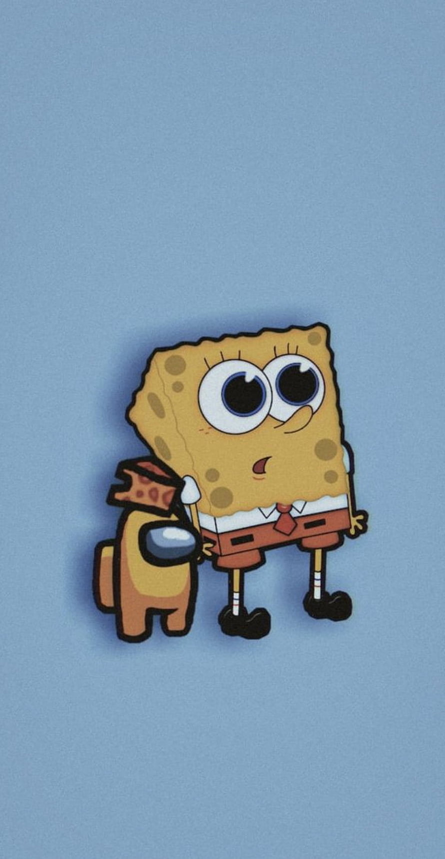 SpongeBob SquarePants and a yellow Among Us character standing together on a soft blue background HD phone wallpaper