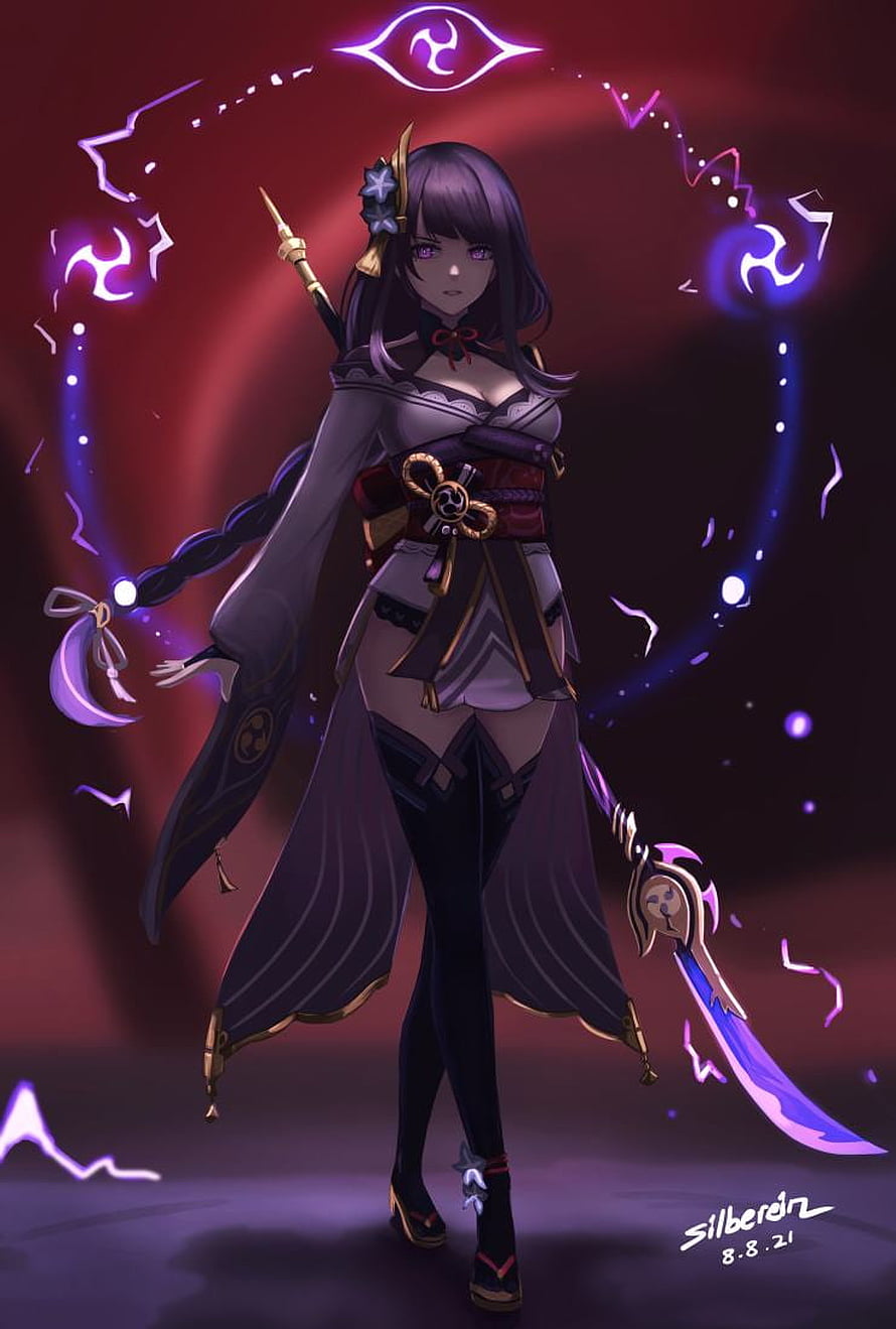 Raiden Shogun wielding a glowing purple sword with magical eye symbols in a dark red background HD phone wallpaper