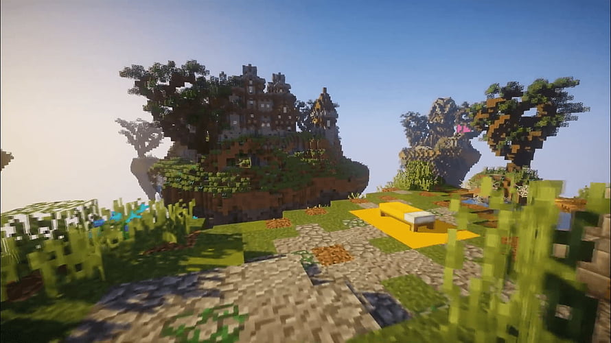 Minecraft Bedwars Map Featuring Floating Castle Island and Cobblestone Arena HD wallpaper