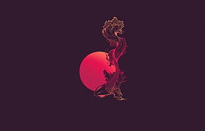 Japanese Minimalist Koi Fish and Red Sun Line Art on Dark Background HD wallpaper