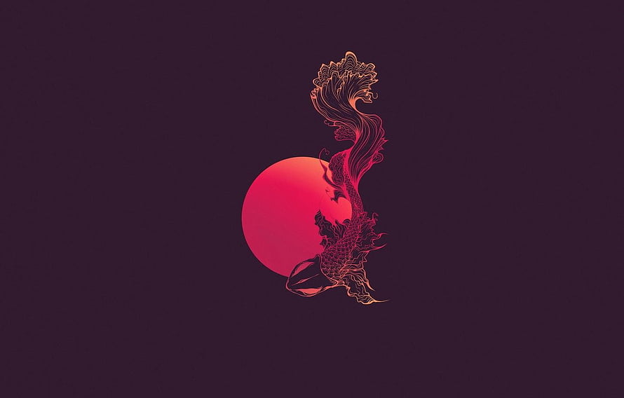 Japanese Minimalist Koi Fish and Red Sun Line Art on Dark Background HD wallpaper