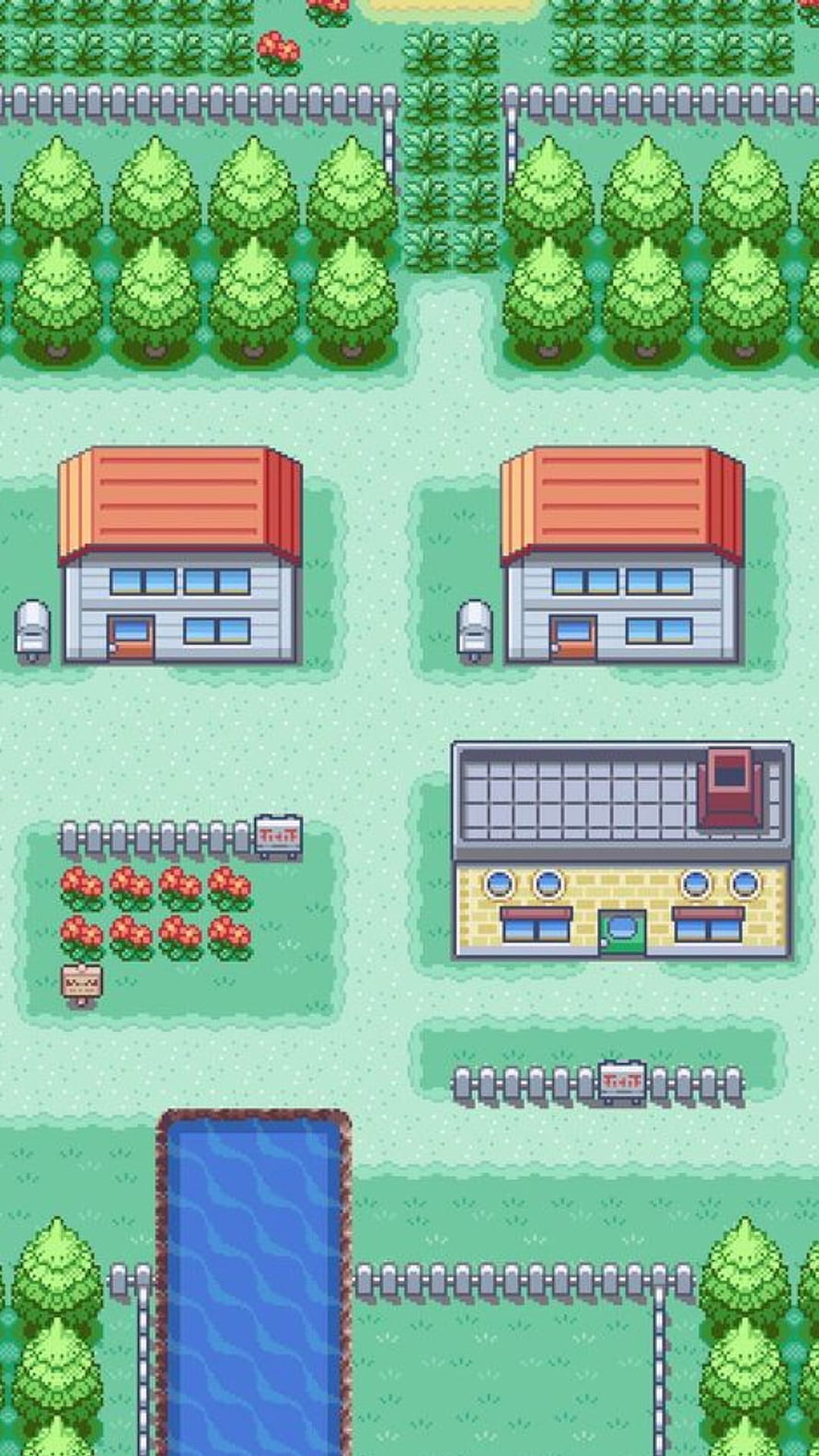 Pallet Town Pixel Art Map with Houses, Flower Garden, and Pond in Retro Gameboy Style HD phone wallpaper