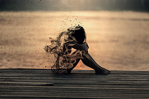 Silhouette of a Crouching Woman Dissolving Into Smoke on a Wooden Pier at Sunset, Anime Girl Sad Alone, Girl Sad Lonely HD wallpaper
