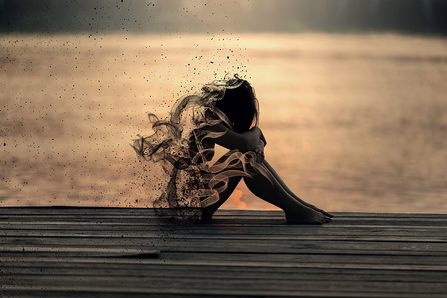 Silhouette of a Crouching Woman Dissolving Into Smoke on a Wooden Pier at Sunset, Anime Girl Sad Alone, Girl Sad Lonely HD wallpaper