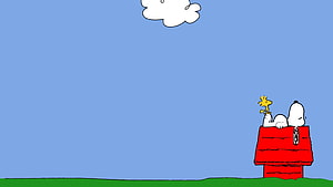 Snoopy and Woodstock Sitting on Red Doghouse Under Blue Sky HD wallpaper