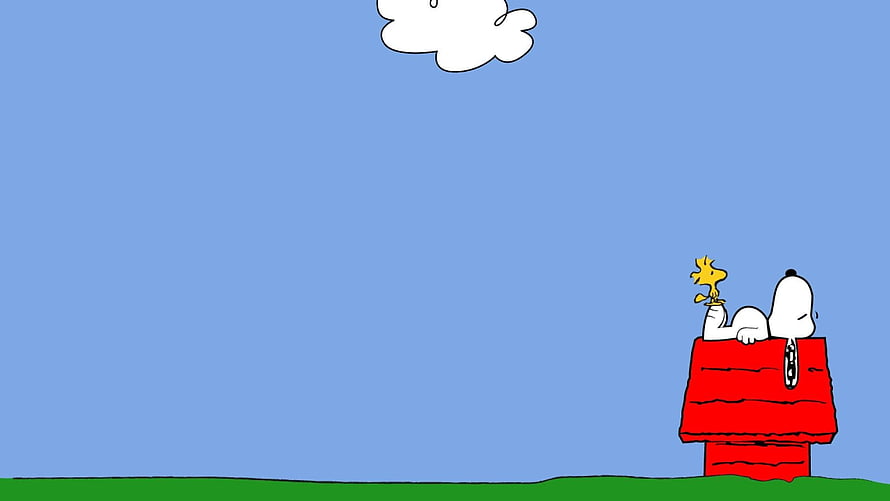 Snoopy and Woodstock Sitting on Red Doghouse Under Blue Sky HD wallpaper
