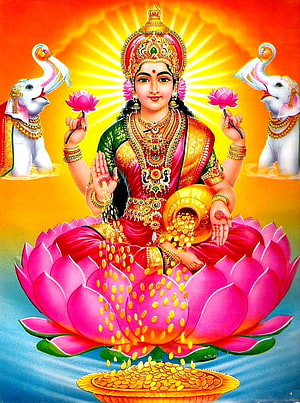 Goddess Lakshmi Sitting on Lotus with Elephants Pouring Gold Coins HD phone wallpaper