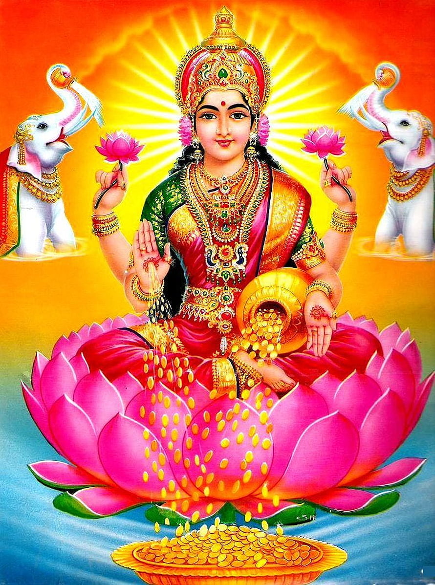 Goddess Lakshmi Sitting on Lotus with Elephants Pouring Gold Coins HD phone wallpaper