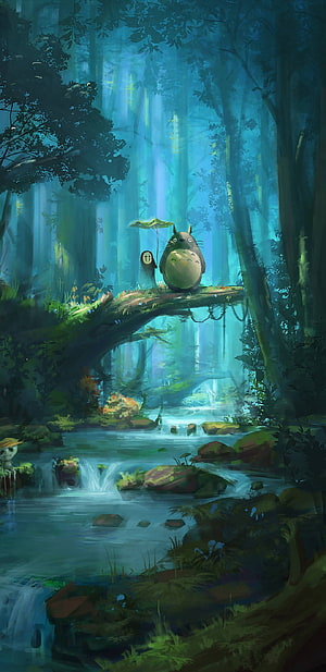 Totoro and No-Face in a Mystical Forest Stream HD phone wallpaper