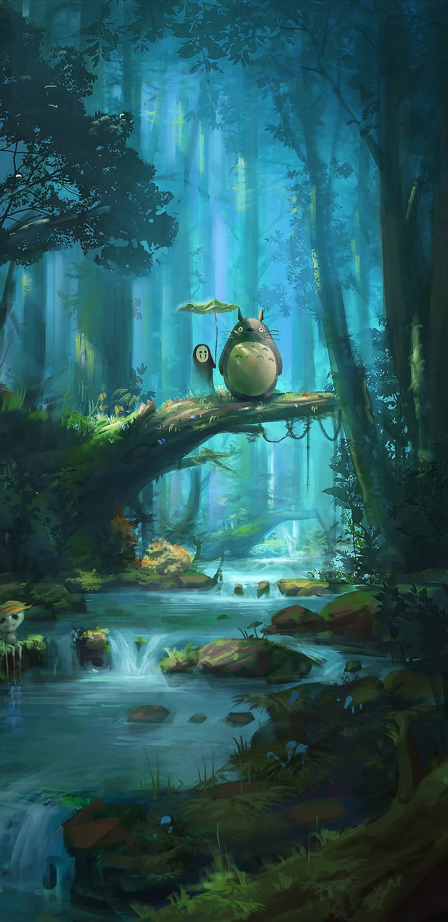 Totoro and No-Face in a Mystical Forest Stream HD phone wallpaper