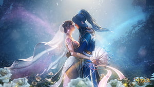 Xiao Wu and Tang San in a Romantic Embrace from Douluo Dalu HD wallpaper