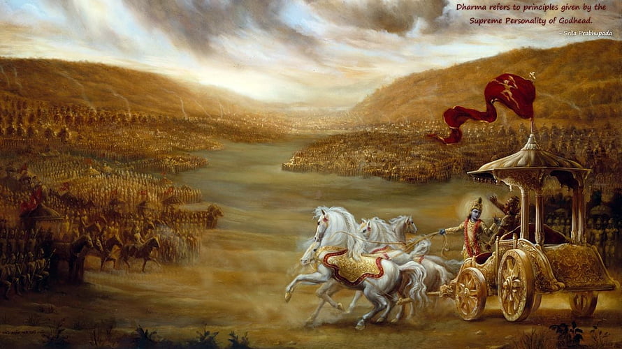 Krishna and Arjuna in Chariot at Kurukshetra Battlefield Mahabharata HD wallpaper