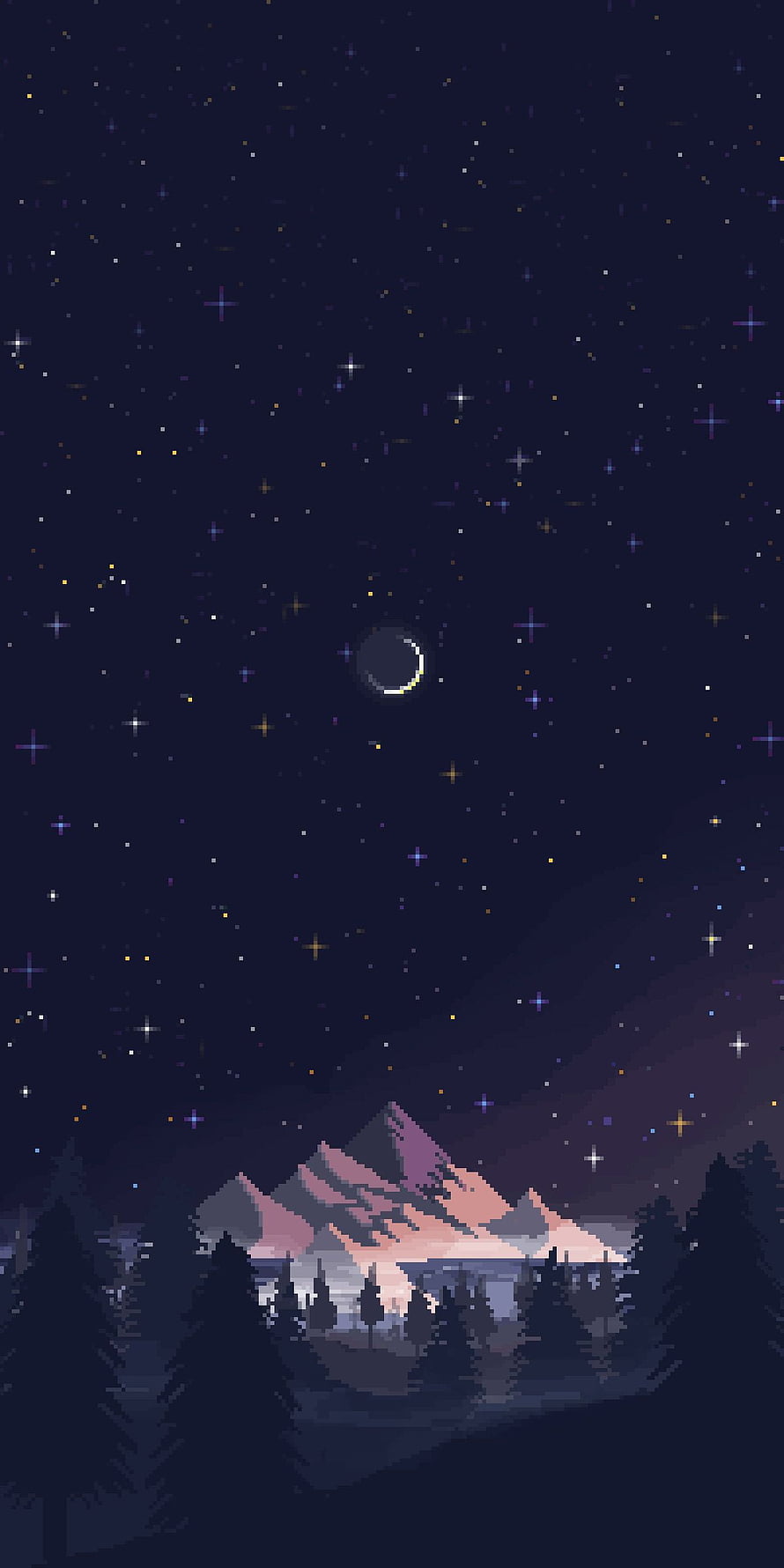 Pixel Art Night Sky With Crescent Moon Over Snowy Mountains And Pine Forest HD phone wallpaper