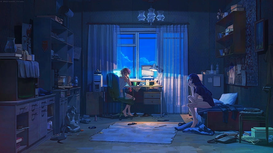 Melancholic Anime Bedroom Scene With Two Characters At Night HD wallpaper