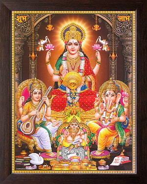 Goddess Lakshmi with Saraswati, Ganesha, and Kubera Hindu Deity Art Print HD phone wallpaper