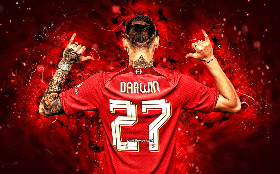 Darwin Nunez Liverpool FC Number 27 Jersey Back View with Dramatic Red Background HD wallpaper