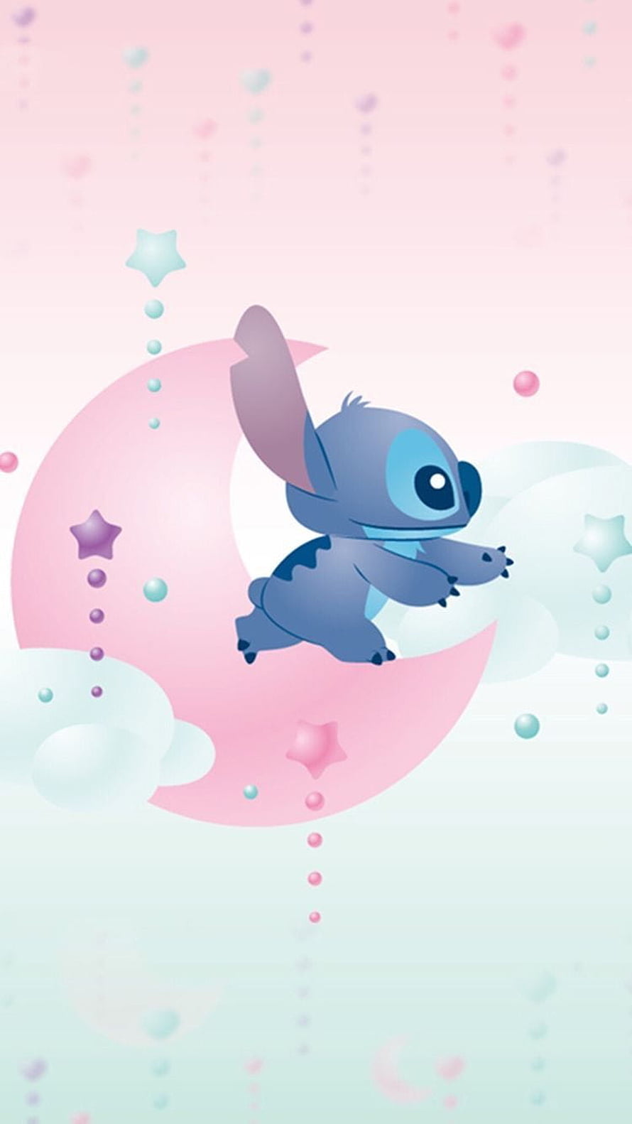 Stitch Leaping on a Pink Crescent Moon with Stars and Clouds in a Pastel Dreamy Scene HD phone wallpaper