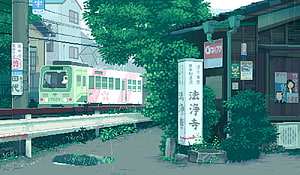 Pixel Art Japanese Train Station Scene With Green Locomotive And Traditional Buildings HD wallpaper