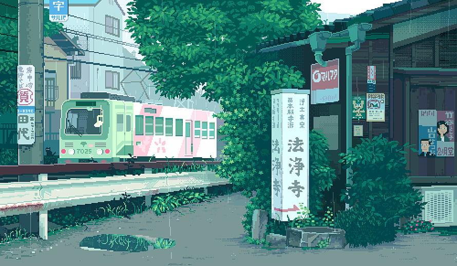 Pixel Art Japanese Train Station Scene With Green Locomotive And Traditional Buildings HD wallpaper