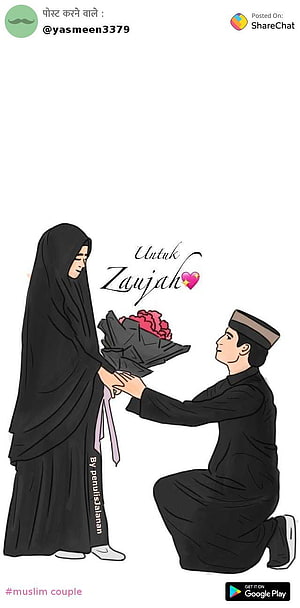 Muslim Couple Cartoon Illustration of Man Kneeling with Flowers for Wife, Muslim Couple Cartoon Dp HD phone wallpaper