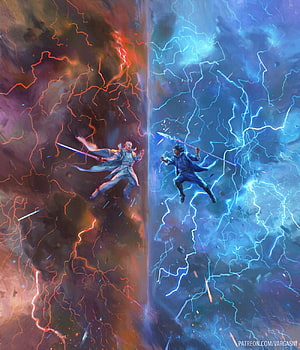 Stormlight Archive Concept Art: Kaladin and Shallan in a Dual Lightning Battle HD phone wallpaper