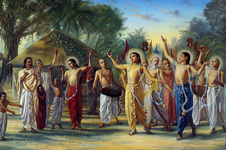 Chaitanya Mahaprabhu Leading a Devotional Kirtan Procession in a Lush Forest Setting HD wallpaper
