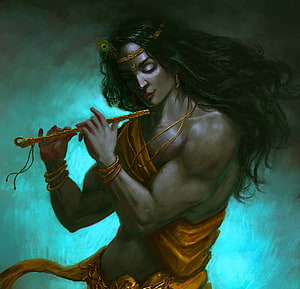 Krishna Playing Flute in Mystical Blue Light Fantasy Digital Art HD wallpaper
