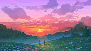Lofi Girl Nature Scene: Two Figures Walking Through a Misty Meadow at Sunset HD wallpaper