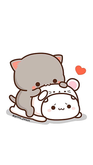 Cute Chibi Cat and Mouse Cuddling on a Blanket with a Heart HD phone wallpaper