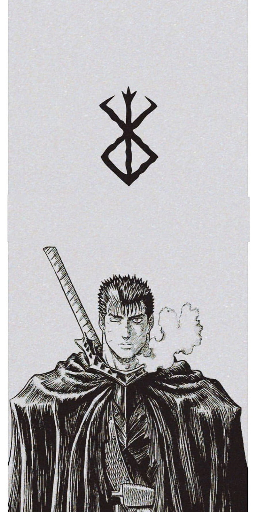Guts from Berserk manga in black and white ink illustration with sword and cloak HD phone wallpaper