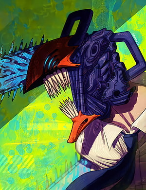 Chainsaw Man Denji Portrait with Chainsaw Head and Vivid Green Background, Chainsaw man, Chainsawman, Denji, Anime, Manga HD phone wallpaper