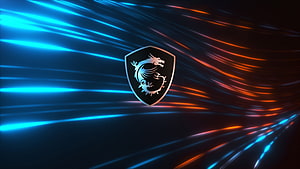 MSI Dragon Shield Logo with Blue and Orange Neon Light Streaks HD wallpaper