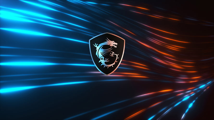 MSI Dragon Shield Logo with Blue and Orange Neon Light Streaks HD wallpaper