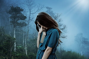 Melancholic Woman Holding Book in Misty Forest with Blue Tones, Sad Girl Feeling Lonely - Girls Dp For Whatsapp - - HD wallpaper