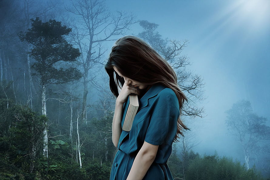 Melancholic Woman Holding Book in Misty Forest with Blue Tones, Sad Girl Feeling Lonely - Girls Dp For Whatsapp - - HD wallpaper