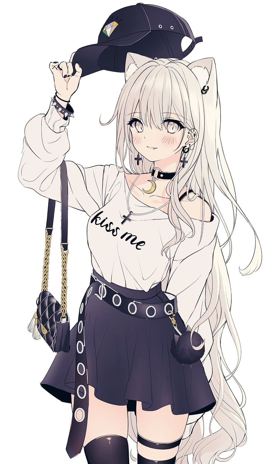 Anime Girl With Cat Ears And Streetwear Style Holding Black Cap HD phone wallpaper