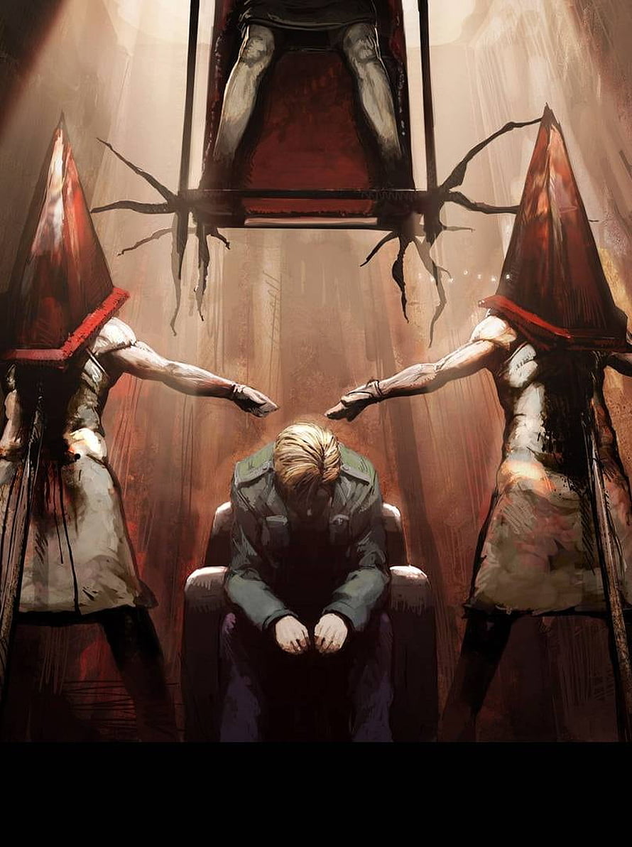 Silent Hill 2 Concept Art Featuring Pyramid Head and James in a Dark Ritual Scene HD phone wallpaper